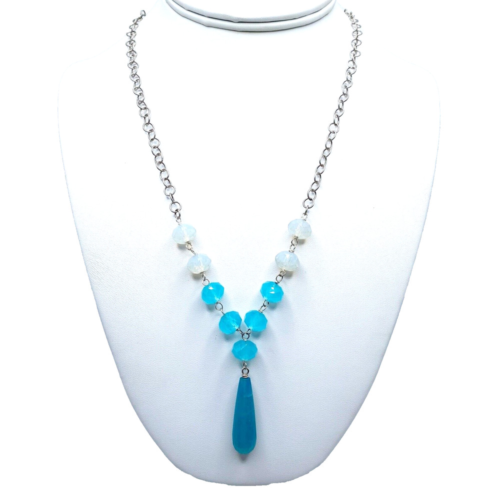 Sterling Silver Glass Stone Y Drop Necklace Opalescent White Blue Adjustable 23"